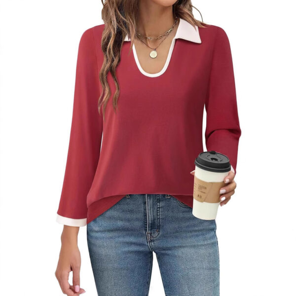 Color Matching Lapel Long Sleeve Top Women - Image 6