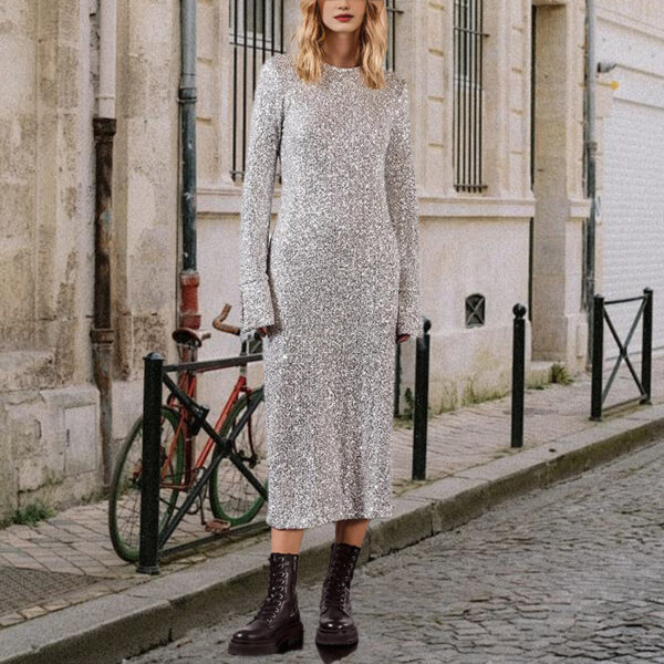 Simple Sequin Street Style Graceful And Fashionable Long Sleeve Dress - Image 2