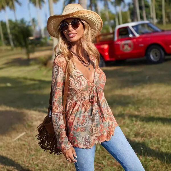 Fall Long Sleeve Shirt Printed V-neck Shirt - Image 4