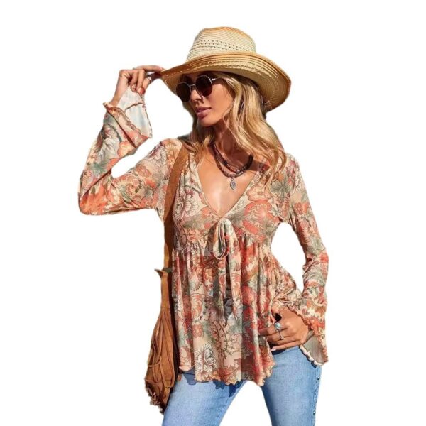 Fall Long Sleeve Shirt Printed V-neck Shirt - Image 6