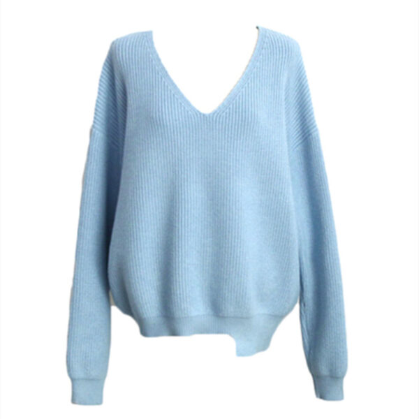 Women's Korean-style V-neck Loose And Lazy Style Simple And Irregular Sweater - Image 5