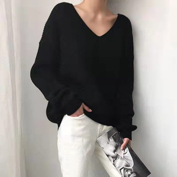 Women's Korean-style V-neck Loose And Lazy Style Simple And Irregular Sweater - Image 3