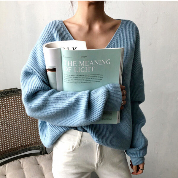 Women's Korean-style V-neck Loose And Lazy Style Simple And Irregular Sweater - Image 2