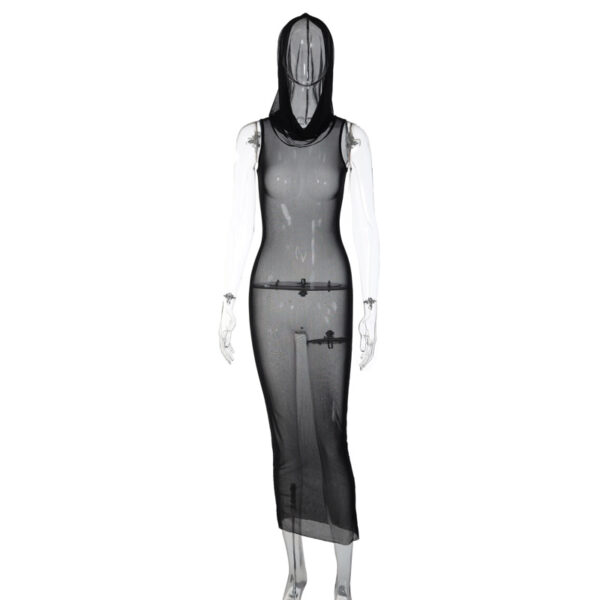 Women's Spring Clothing New Sleeveless Hooded Mesh See-through Dress - Image 5