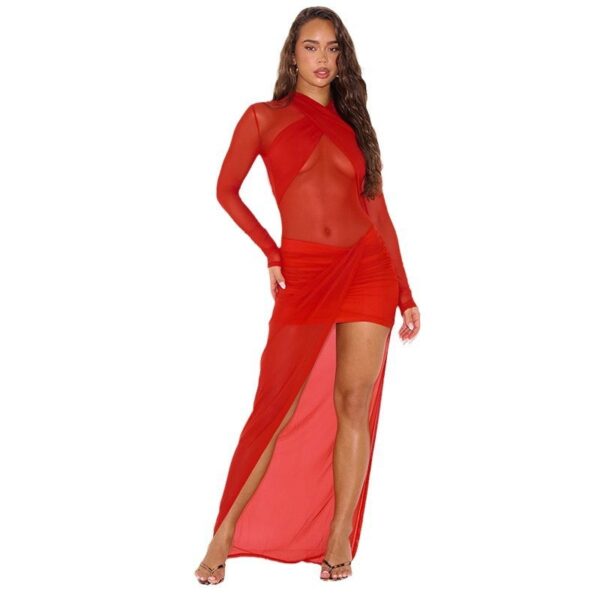 Red Round-neck Slim Fit Sheath Sexy Cross Stitching Sheer Mesh Dress - Image 3