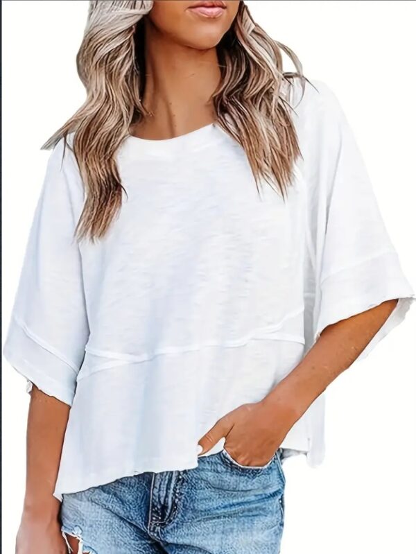 Women's Clothing Solid Color Crew Neck Loose Basic T-shirt - Image 3