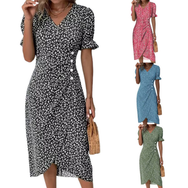 New V-neck Printed Button Irregular Hem Dress - Image 6