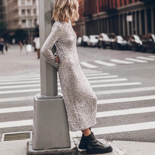 Simple Sequin Street Style Graceful And Fashionable Long Sleeve Dress - Image 5