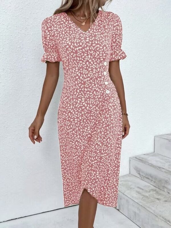New V-neck Printed Button Irregular Hem Dress - Image 2
