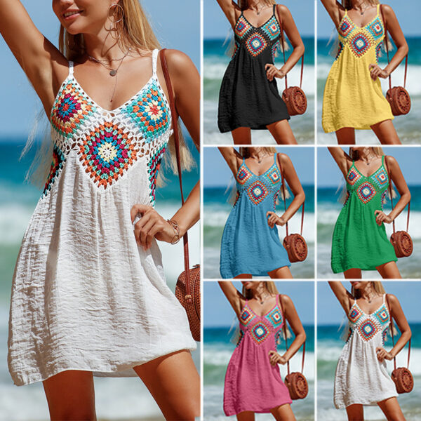 Summer Sleeveless Dress Bohemia Stitching Colorful Pattern V-neck Hollow Beach Dress - Image 2