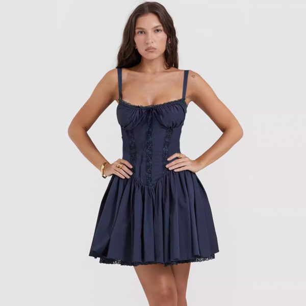 Sexy Lace Suspender Dress Summer Fashion Lace-up Slim Waist Pleated Short Dresses For Womens Clothing - Image 2