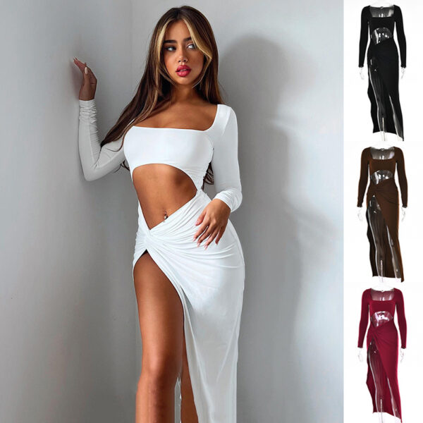 Womens Clothing Long Sleeve Dress Fashion Hollow U-neck Split Dress Party Wedding - Image 7