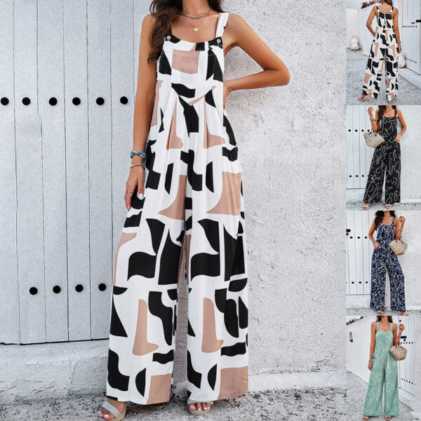 Fashion Print Square Neck Jumpsuit With Pockets Spring Summer Casual Loose Overalls Womens Clothing - Image 3