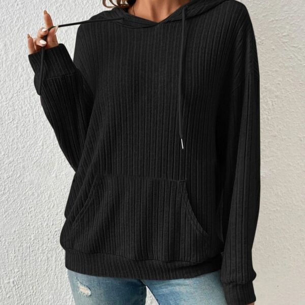 Fashion Drawstring Long-sleeved Hooded Sweatshirt With Pockets Solid Sunken Stripe Hoodie Knitwear Womens Clothing - Image 8