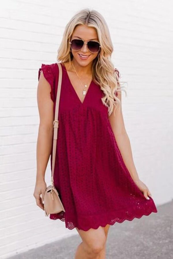 Lace Dresses With Pocket Summer Sleeveless Jacquard Cutout V-Neck Beach Dress - Image 9