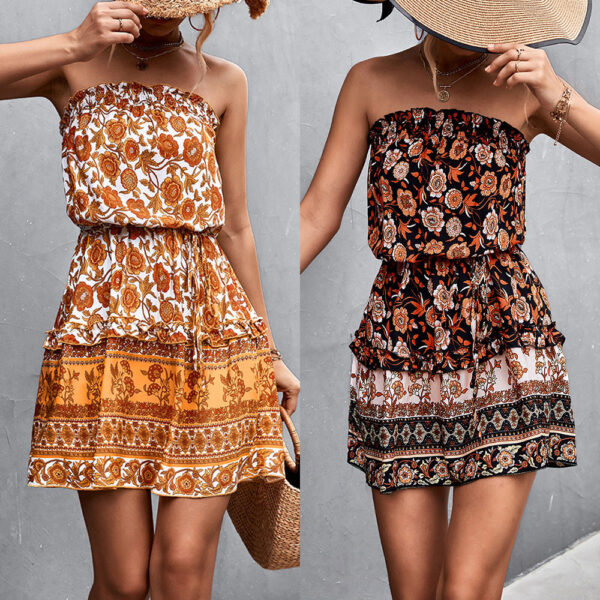 Women's Bohemian Floral Print Strapless Dress Summer Beach Dress - Image 5