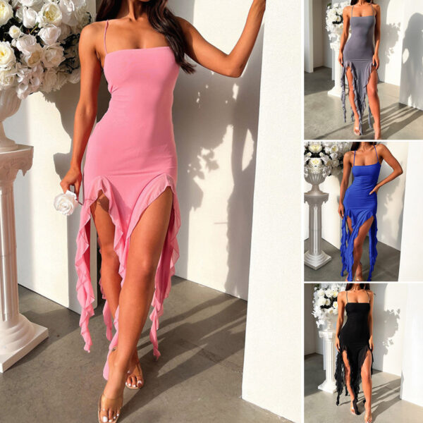 Sexy Suspender Tight Slim Skirt Fashion Split Ruffle Design Dress Summer Womens Clothing - Image 2