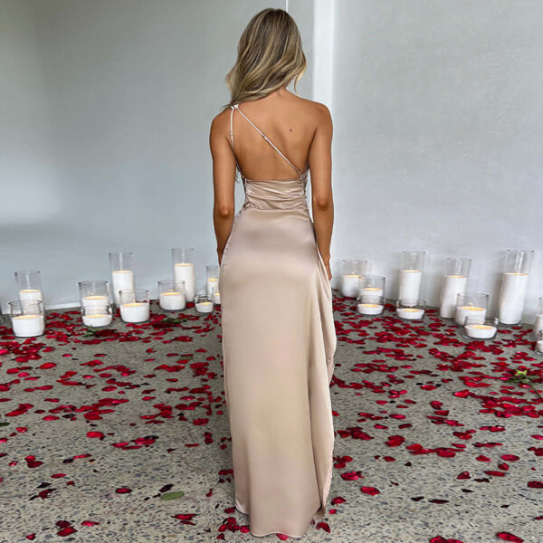 Sexy One-shoulder Backless Slit Dress Summer Elegant Slim-fit Solid Color Satin Dresses For Women - Image 9