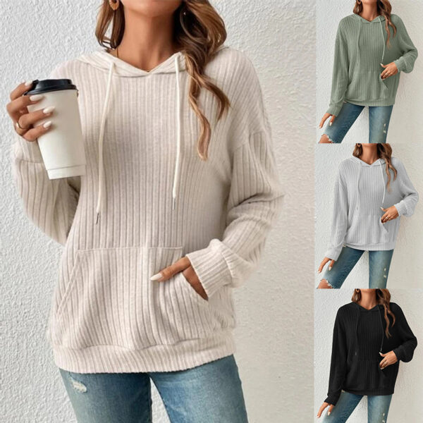 Fashion Drawstring Long-sleeved Hooded Sweatshirt With Pockets Solid Sunken Stripe Hoodie Knitwear Womens Clothing - Image 7