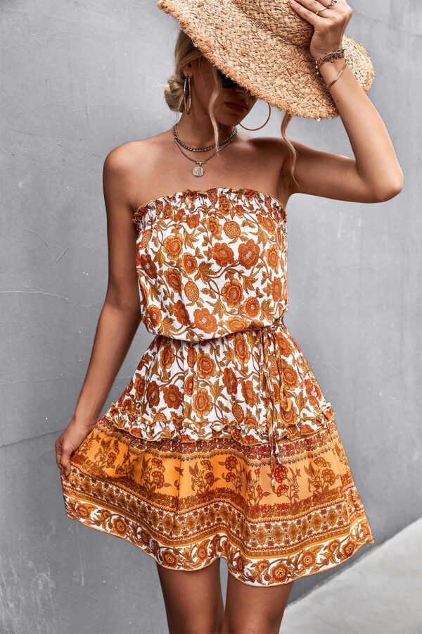 Women's Bohemian Floral Print Strapless Dress Summer Beach Dress - Image 7