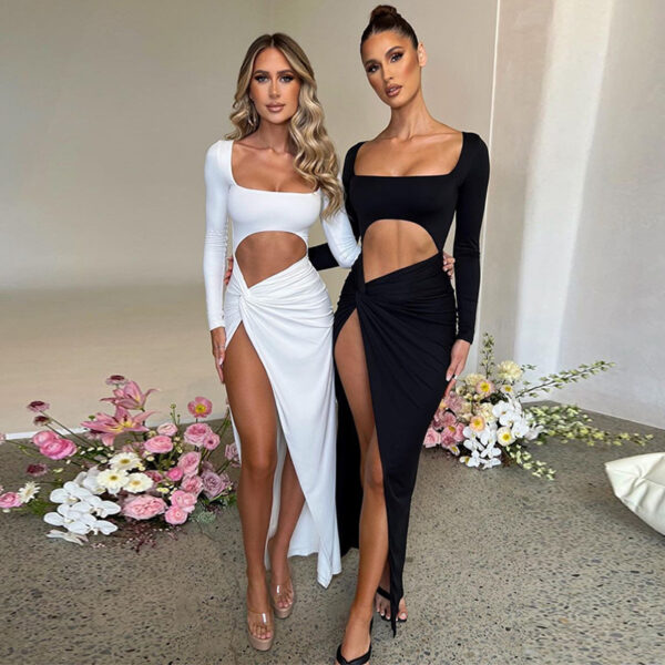 Womens Clothing Long Sleeve Dress Fashion Hollow U-neck Split Dress Party Wedding - Image 2