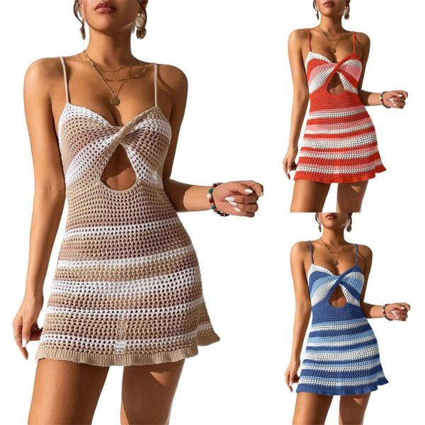 Women Knitted Spaghetti Strap Dress Summer Stripes Twisted Crochet Cutout Party Mini Dress For Beach Cocktail Nightclub - Image 4